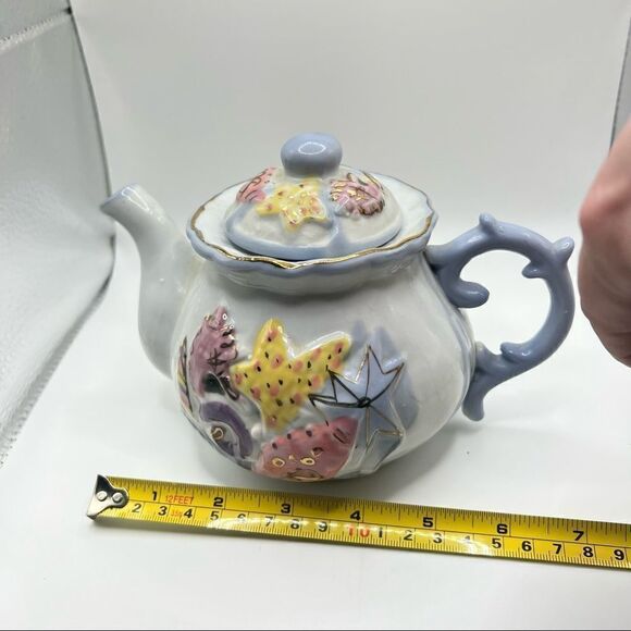 Seashell Ceramic Teapot Pastel Colors and Gold Accents - Picture 9 of 12